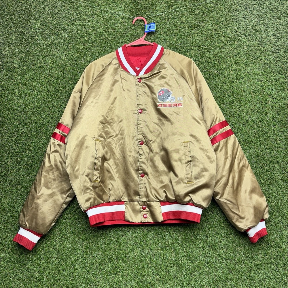 Vintage San Francisco 49ers Satin Jacket Mens Large Chalk Line Gold Snap Close